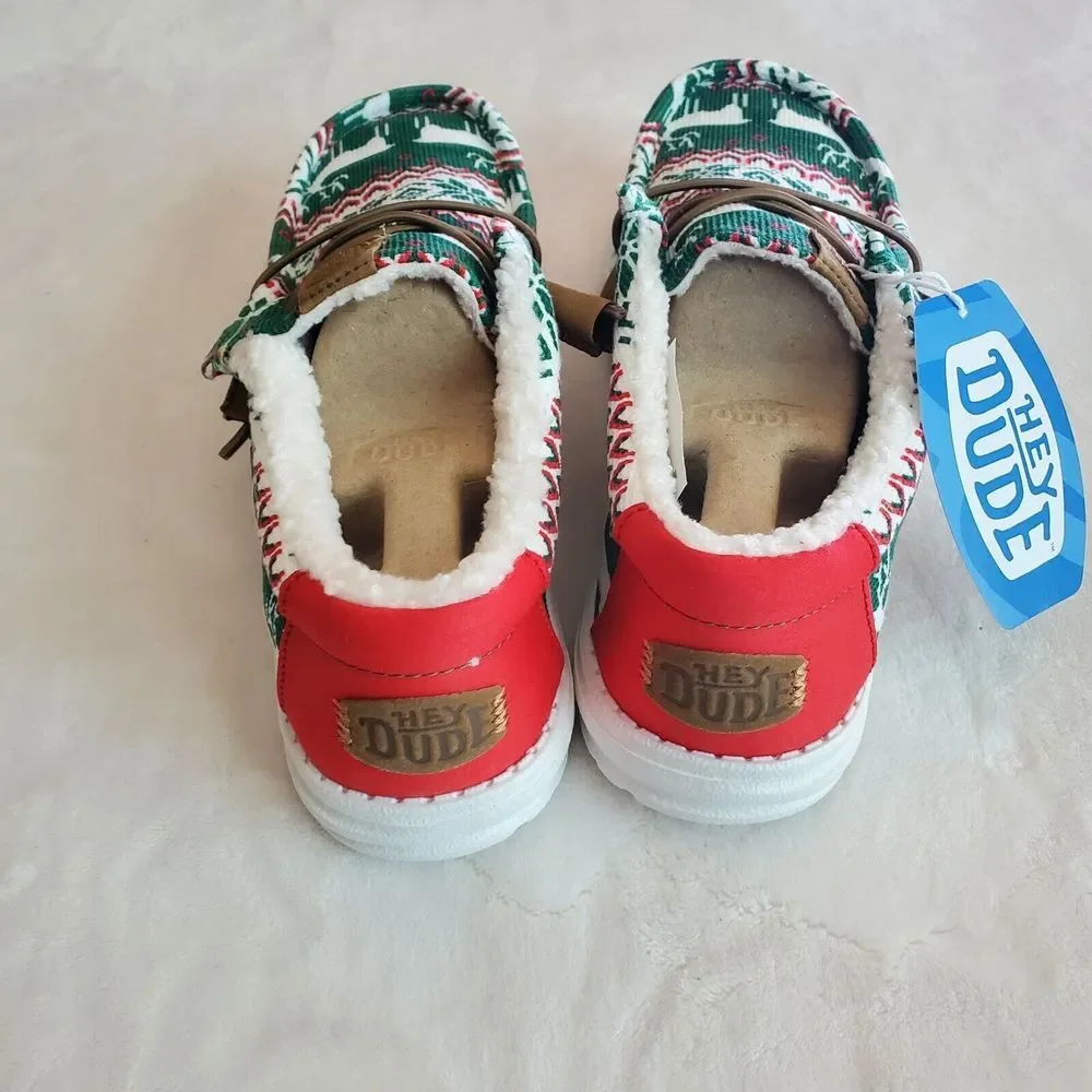 Hey Dude Wally Ugly Sweater‎ Lined Shoes Men's Size 10 Green Christmas Reindeer